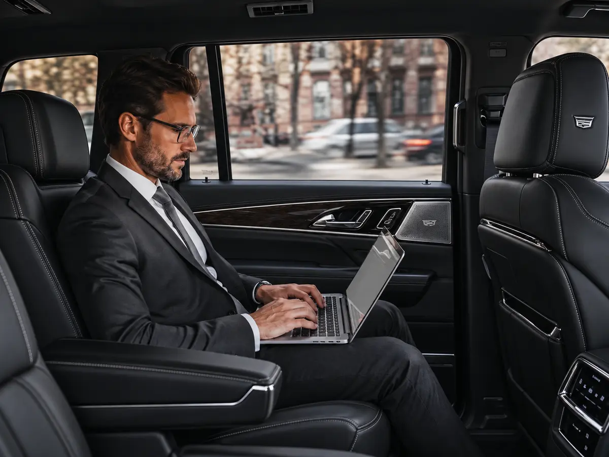 Business traveler working on a laptop in a black-leather Cadillac Escalade interior
